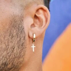 Polished Cross Round Huggie Earrings In Yellow Gold