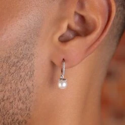 Pave Huggie Pearl Drop Earrings In White Gold