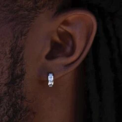 Baguette Hoop Stud Earrings In White Gold