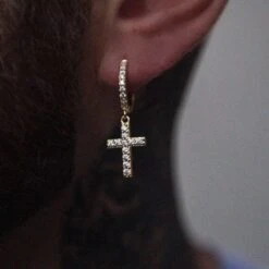 Diamond Cross Hoop Earrings In Yellow Gold
